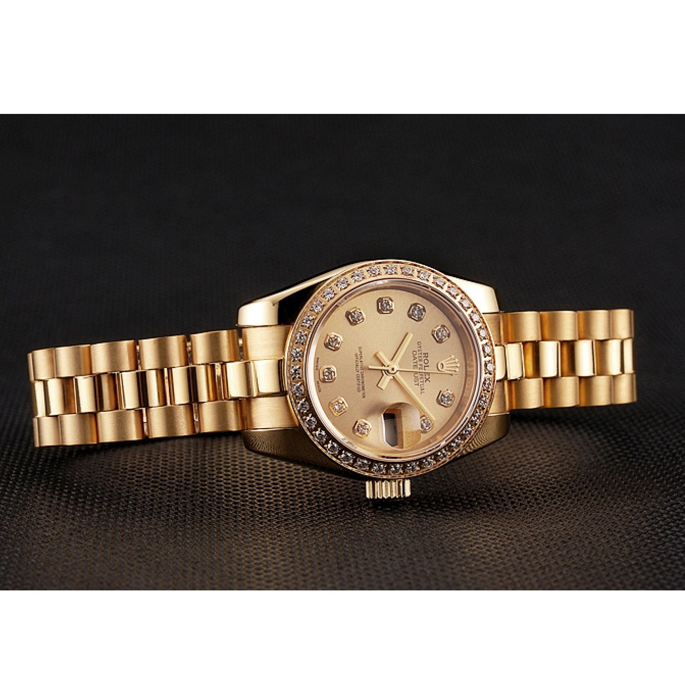 Aaa replica watch Champagne Bracelet Gold Swiss Dial Bezel Rolex Lady-Datejust 1454095 Diamond 0820